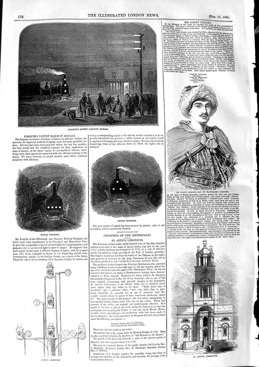 Original Old Antique Print 1846 Forsyth Patent Railway Signals Knight Limehouse