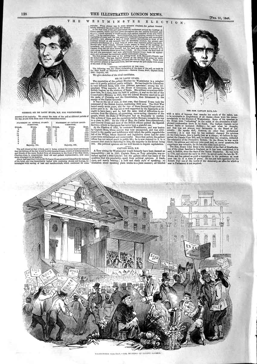 Original Old Antique Print 1846 Lacey Evans Captain Rous Westminster Election
