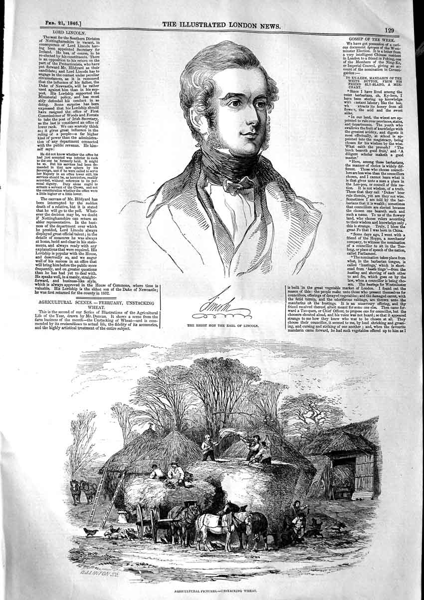 Old Antique Print 1846 Portrait Earl Lincoln Agriculture Unstacking Wheat 19th