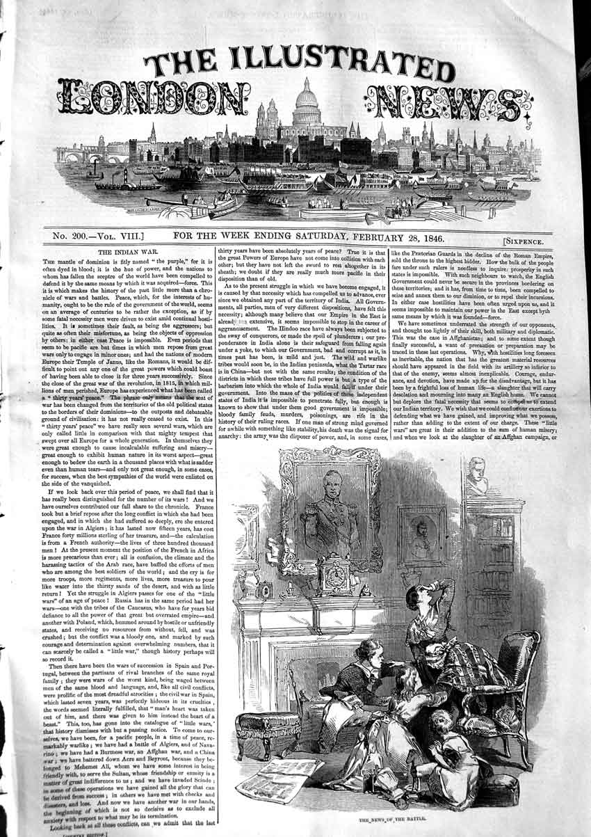 Original Old Antique Print 1846 Family Scene News Battle Indian War Victorian