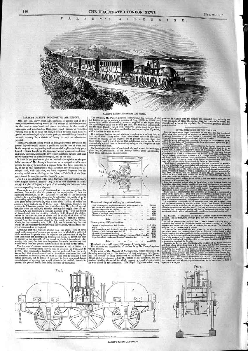 Original Old Antique Print 1846 Parsey Patent Air Engine Train Machinery 19th