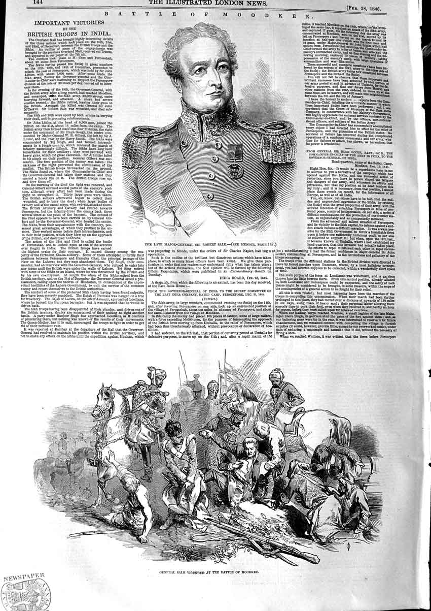 Original Old Antique Print 1846 Battle Moodkee Major General Robert Sale 19th