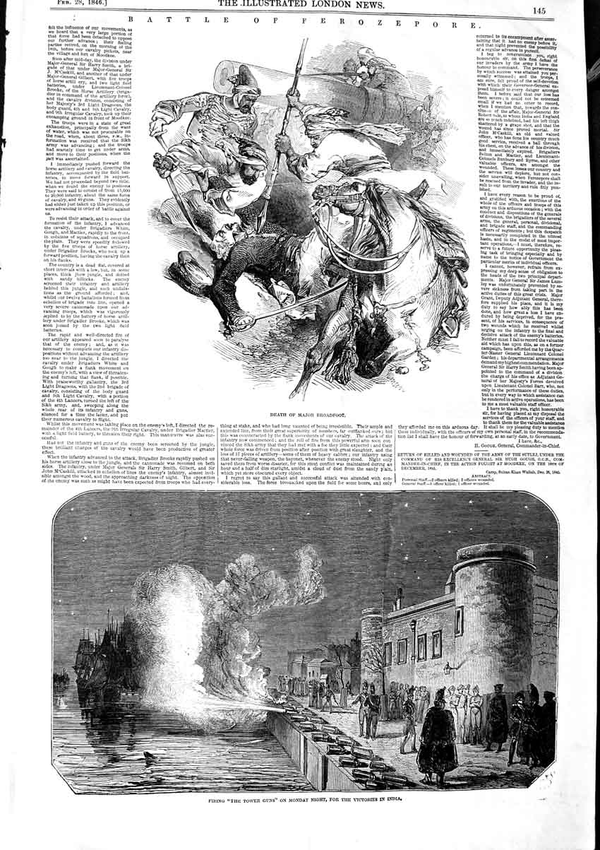 Original Old Antique Print 1846 Battle Ferozepore Death Major Broadfoo Victorian