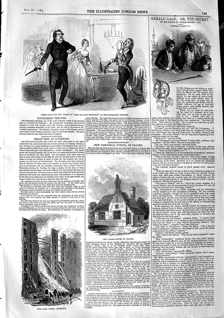 Original Old Antique Print 1846 School House Crayke Haymarket Theatre Liverpool