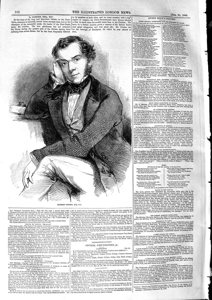 Original Old Antique Print 1846 Portrait Richard Cobden Member Parliament 19th
