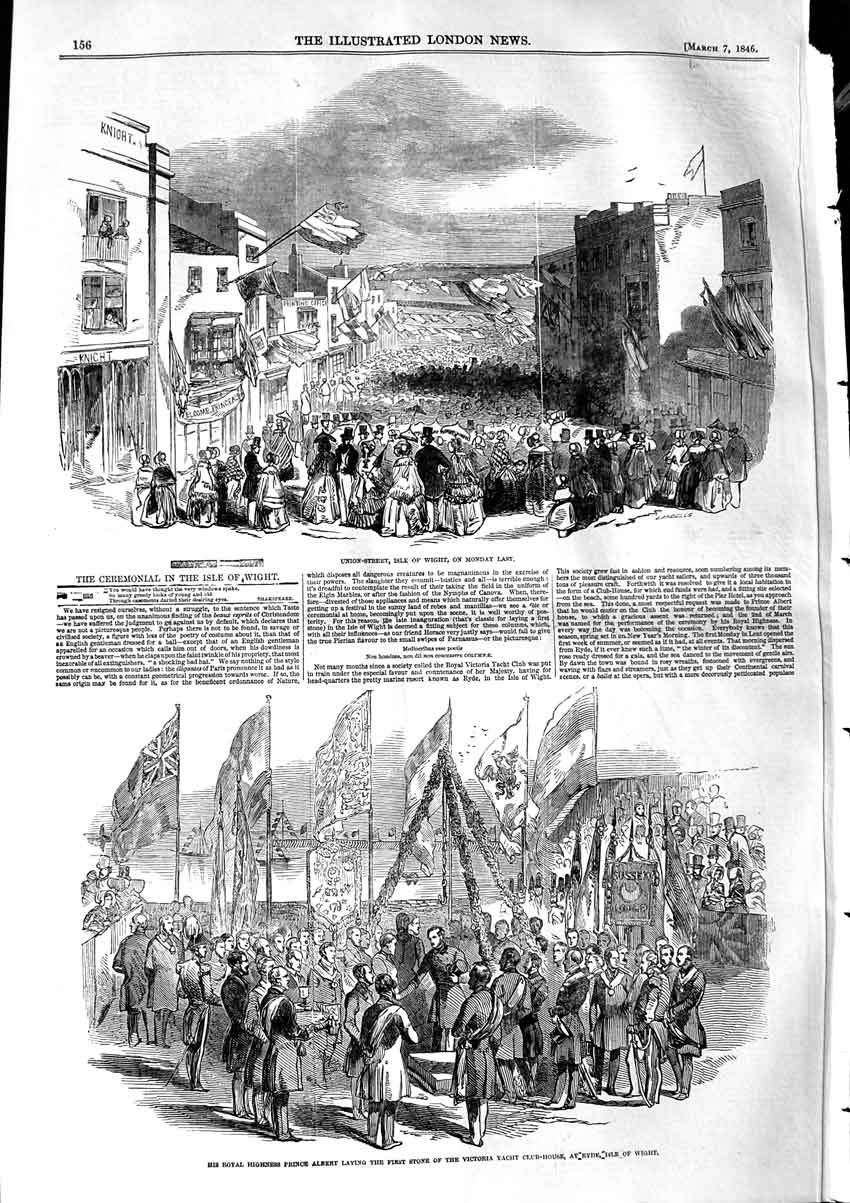 Old Antique Print 1846 Union Street Isle Wight Prince Albert Yacht Club 19th