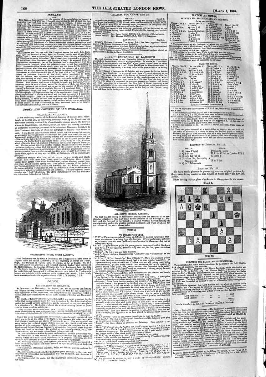 Original Old Antique Print 1846 All Saints Church Lambeth Tradescant'S House