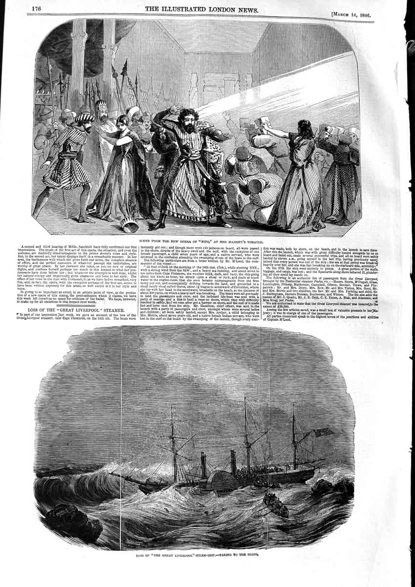 Original Old Antique Print 1846 Opera Nino Majesty Theatre Great Liverpo 19th