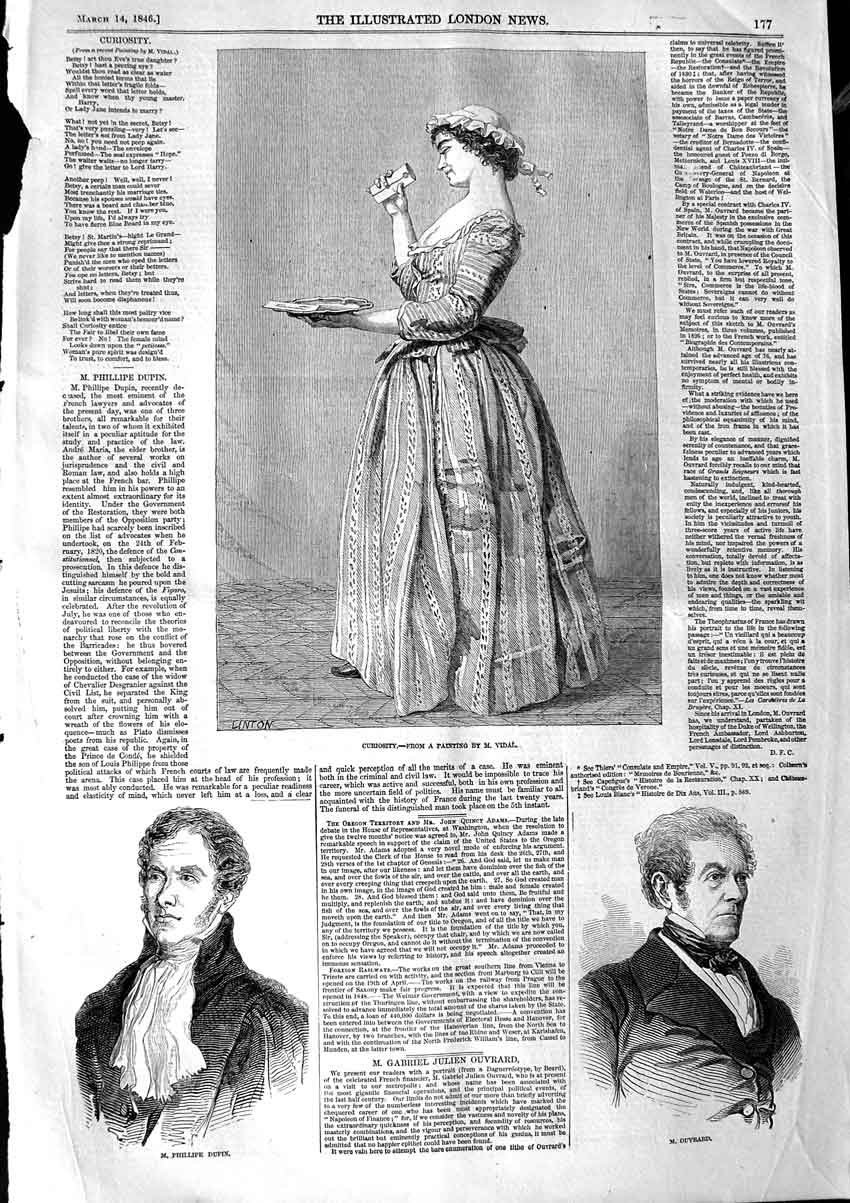 Original Old Antique Print 1846 Portrait Phillipe Dupin Ouvrard Lady Girl Vidal