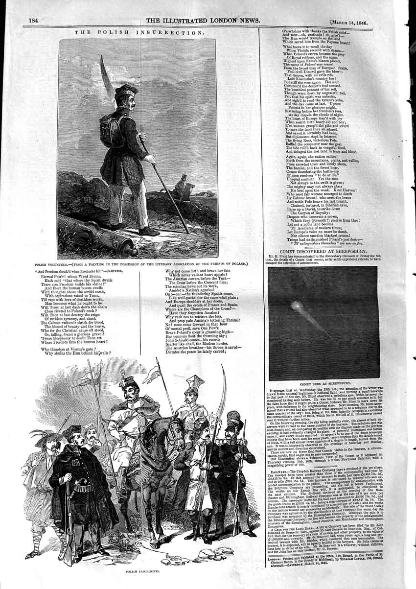 Original Old Antique Print 1846 Polish Insurrection Volunteer Insurgents Comet