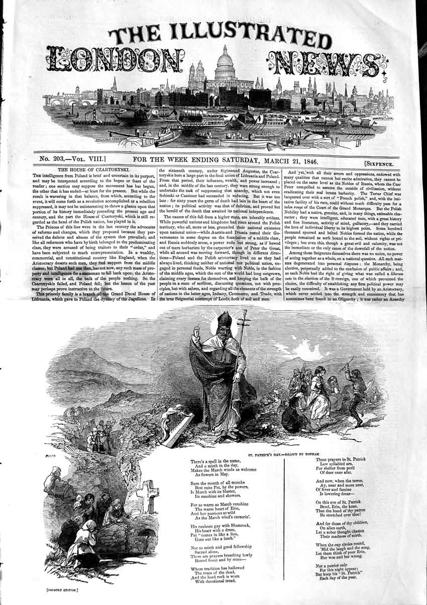 Original Old Antique Print 1846 Topham Drawing St. Patrick'S Day Religion Scene