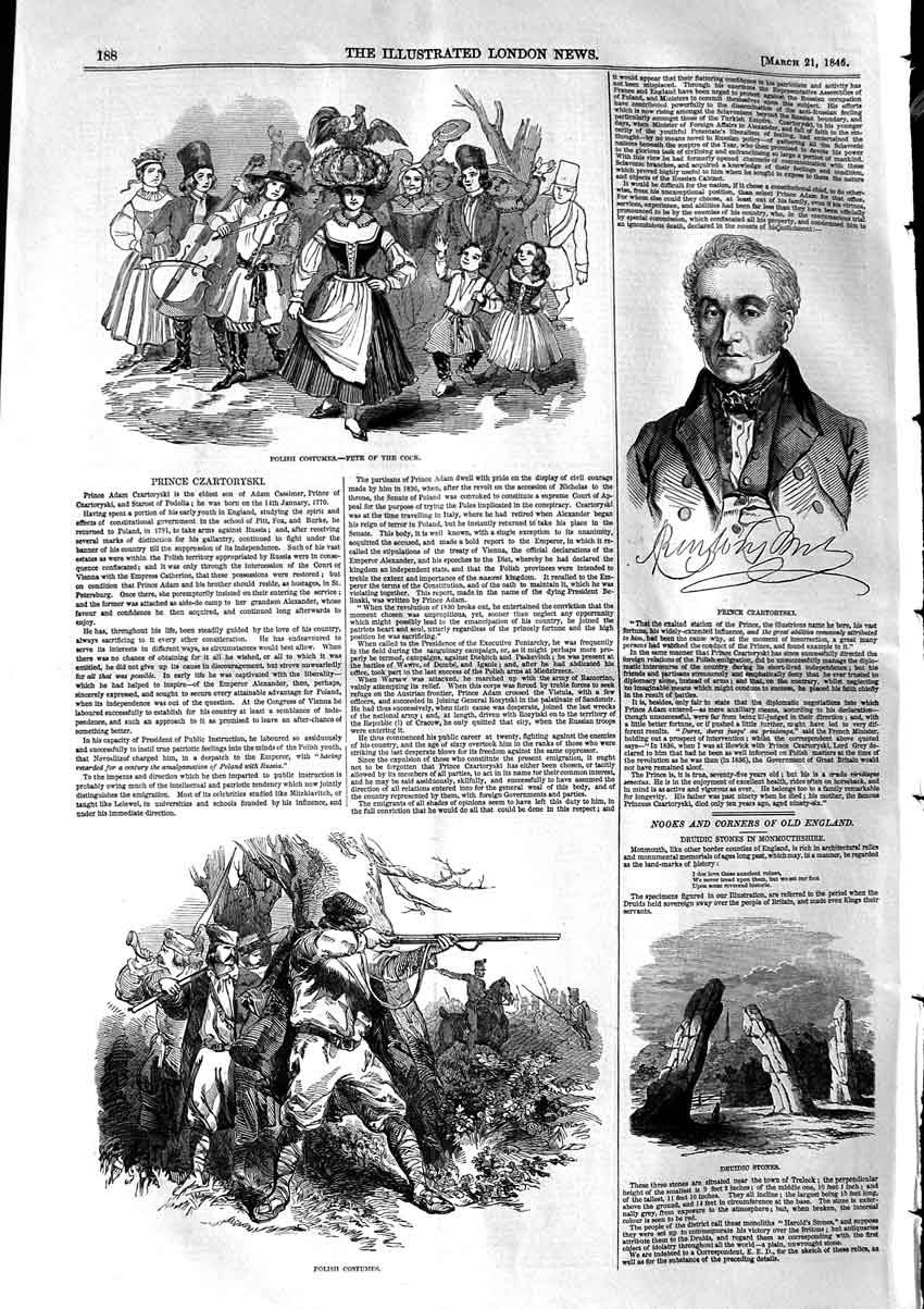 Original Old Antique Print 1846 Polish Costumes Prince Czartoryski Druidic 19th