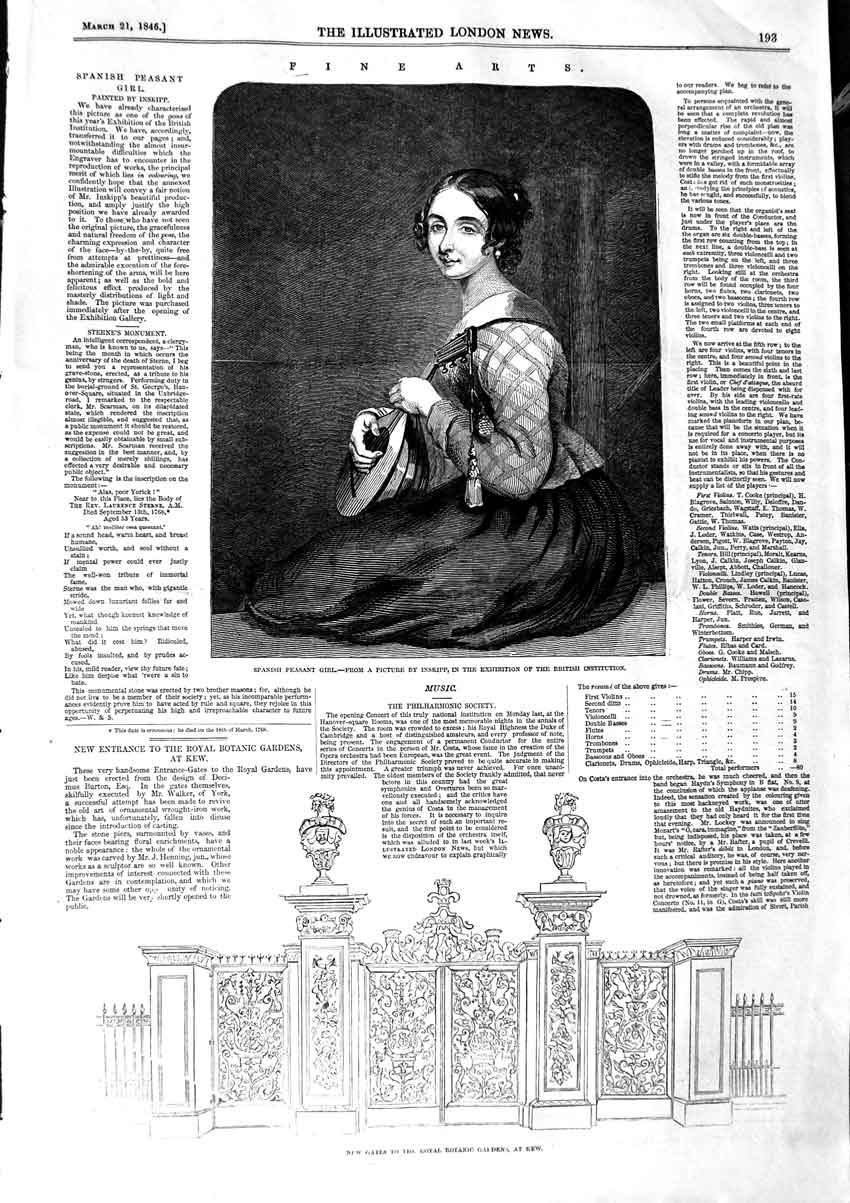 Original Old Antique Print 1846 Spanish Peasant Gates Royal Botanic Gardens Kew