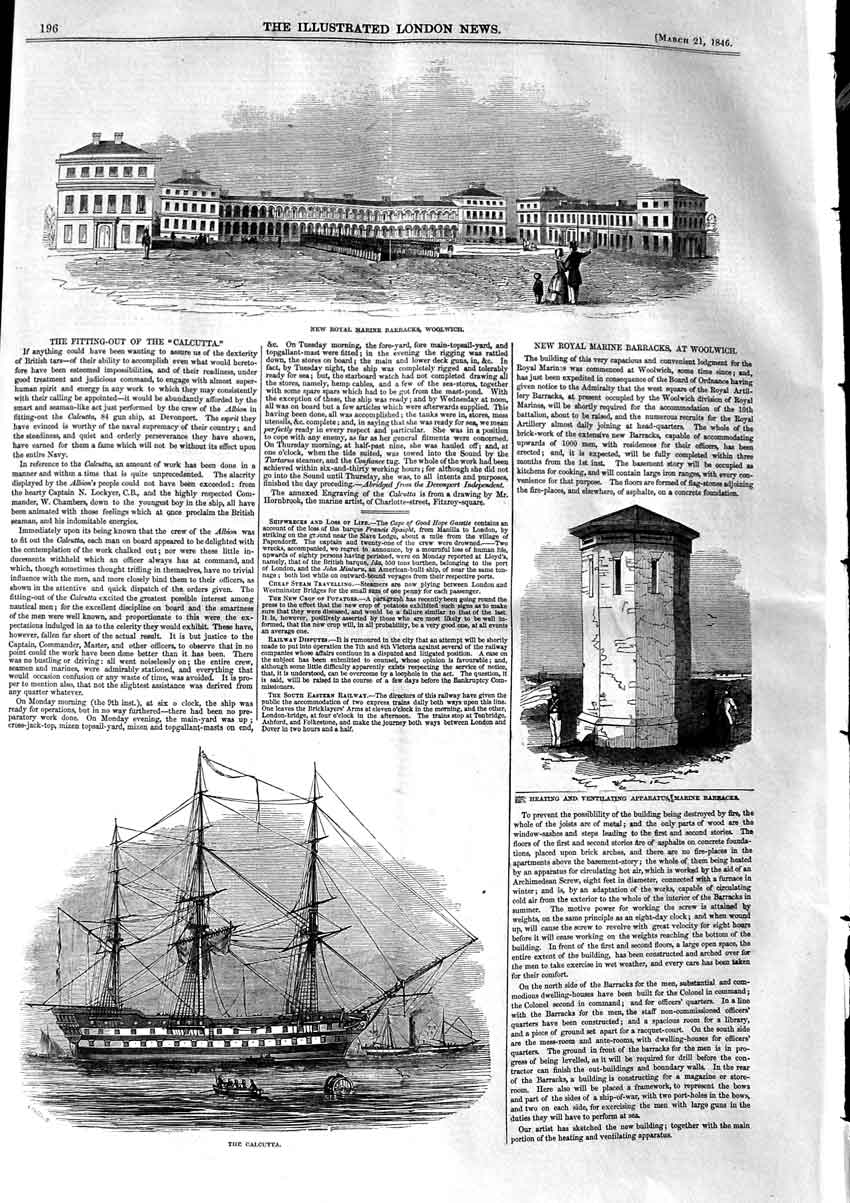 Original Old Antique Print 1846 Royal Marine Barracks Woolwich Calcutta Ship