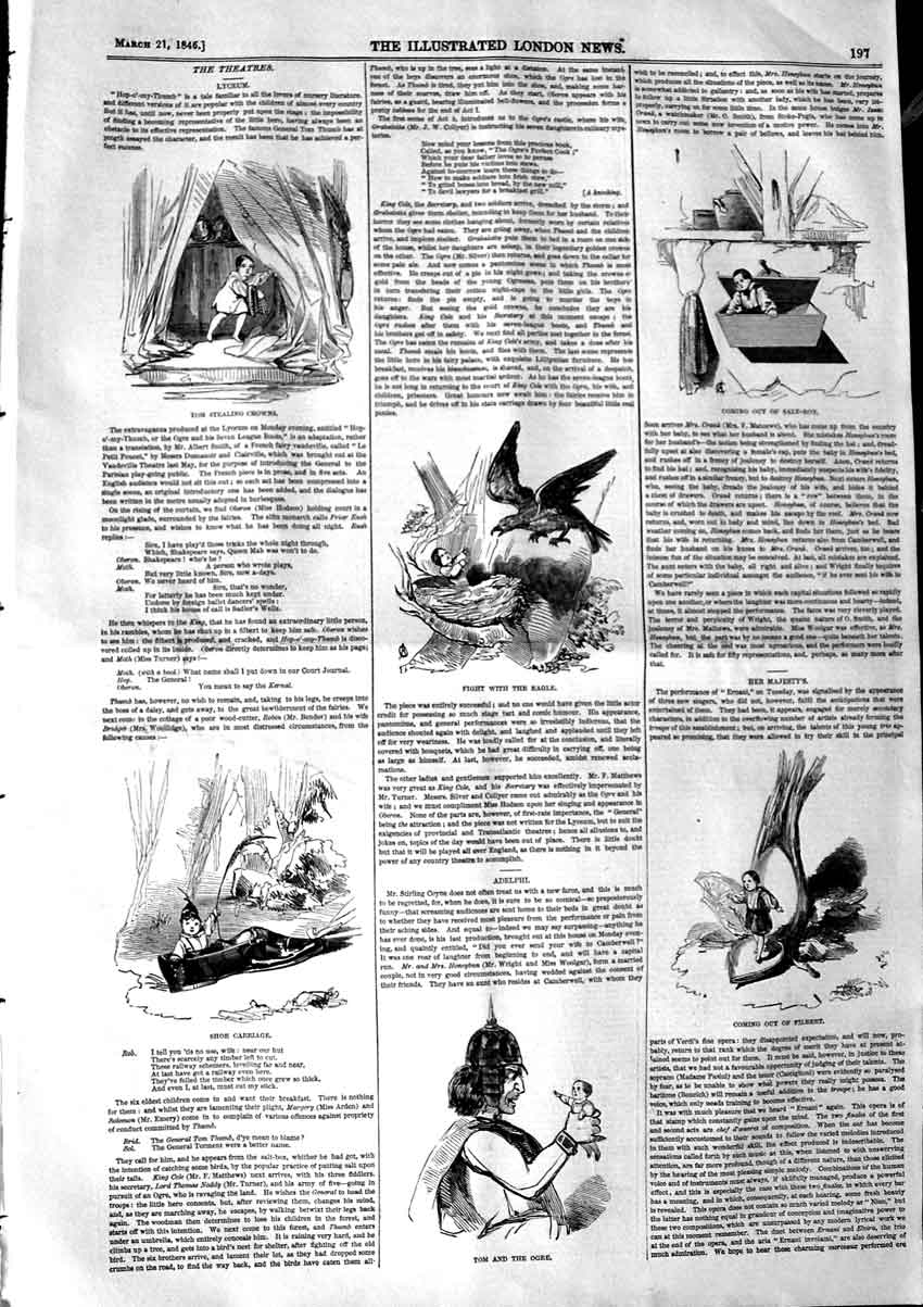 Original Old Antique Print 1846 Theatre Shoe Carriage Filbert Ogre Tom Eagle