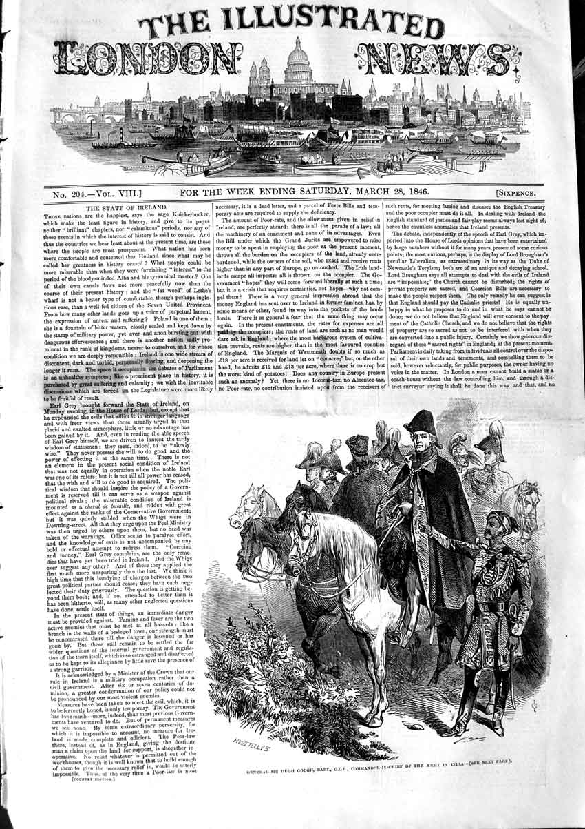 Old Antique Print 1846 General Hugh Gough Commander-In-Chief India Army 19th