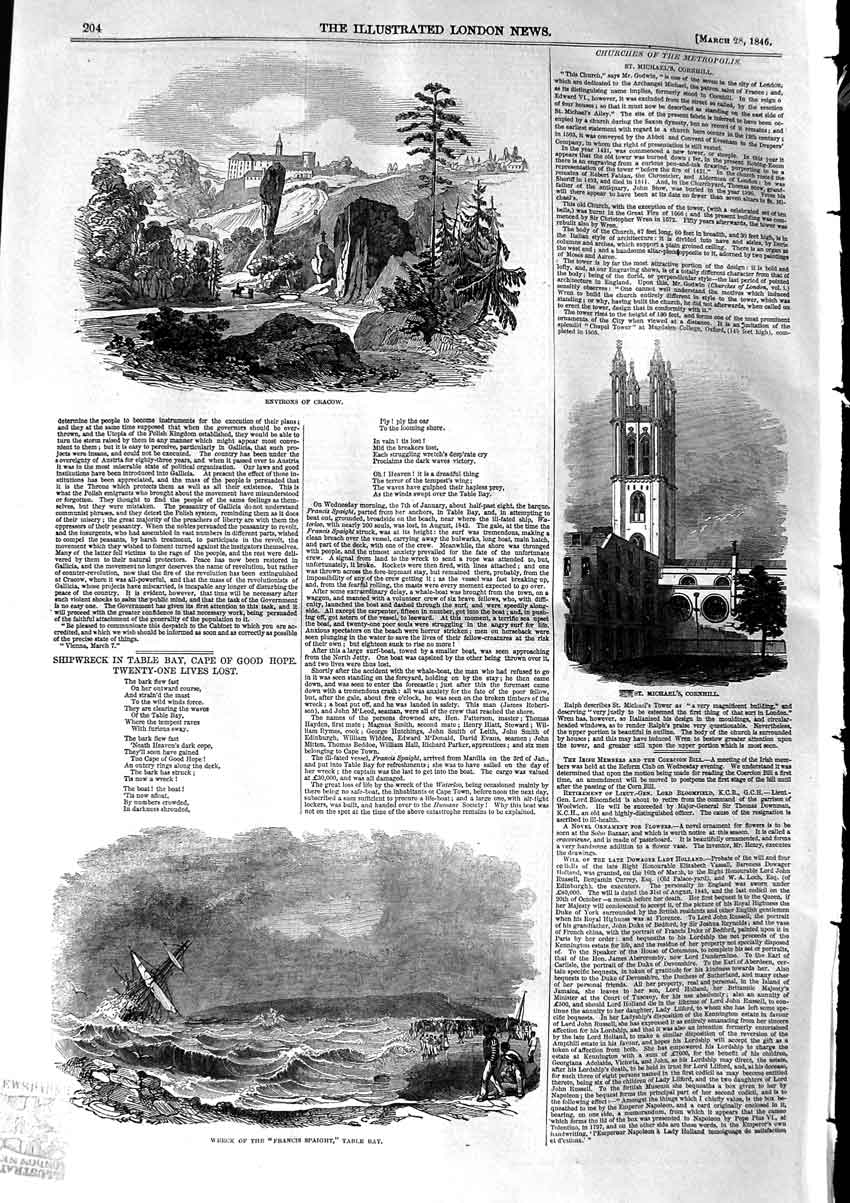 Original Old Antique Print 1846 Cracow Michael'S Cornhill Ship Francis 19th