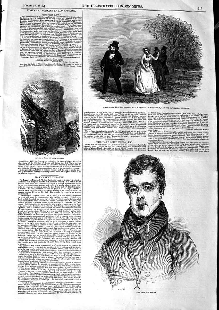 Original Old Antique Print 1846 Mr Liston Haymarket Theatre Pontefract Victorian
