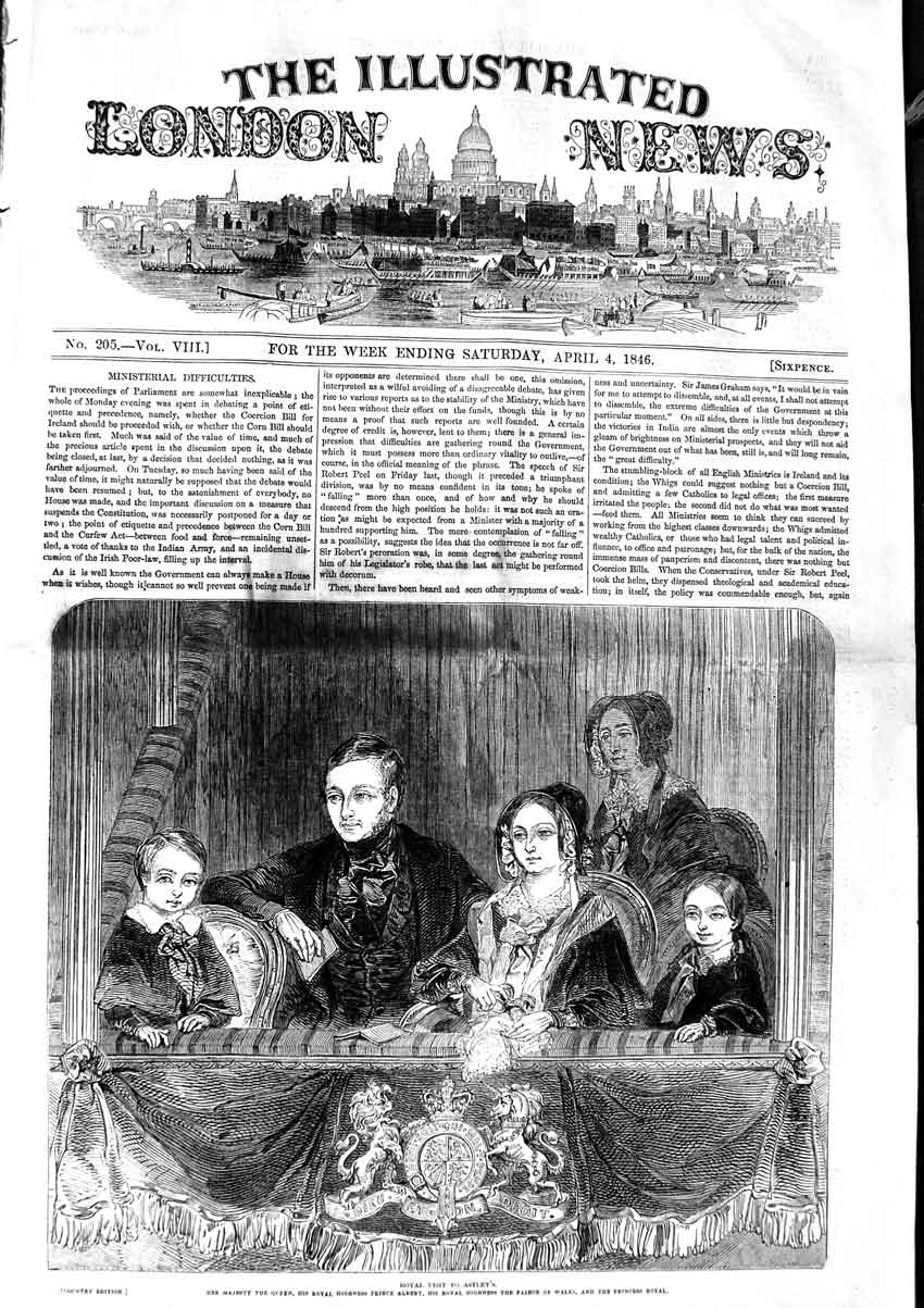 Original Old Antique Print 1846 Royal Visit Astley Queen Prince Albert Wales