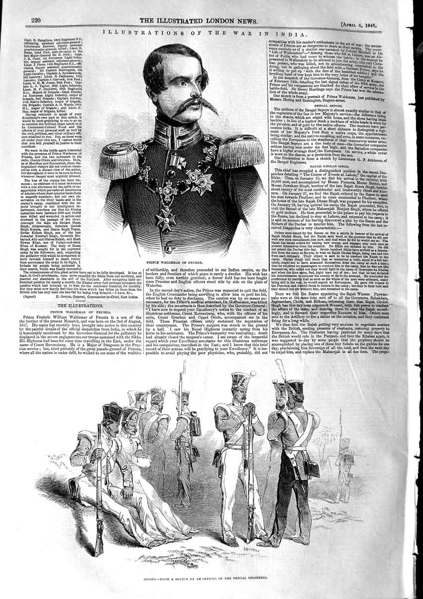 Original Old Antique Print 1846 War India Prince Waldemar Prussia Sepoys Army