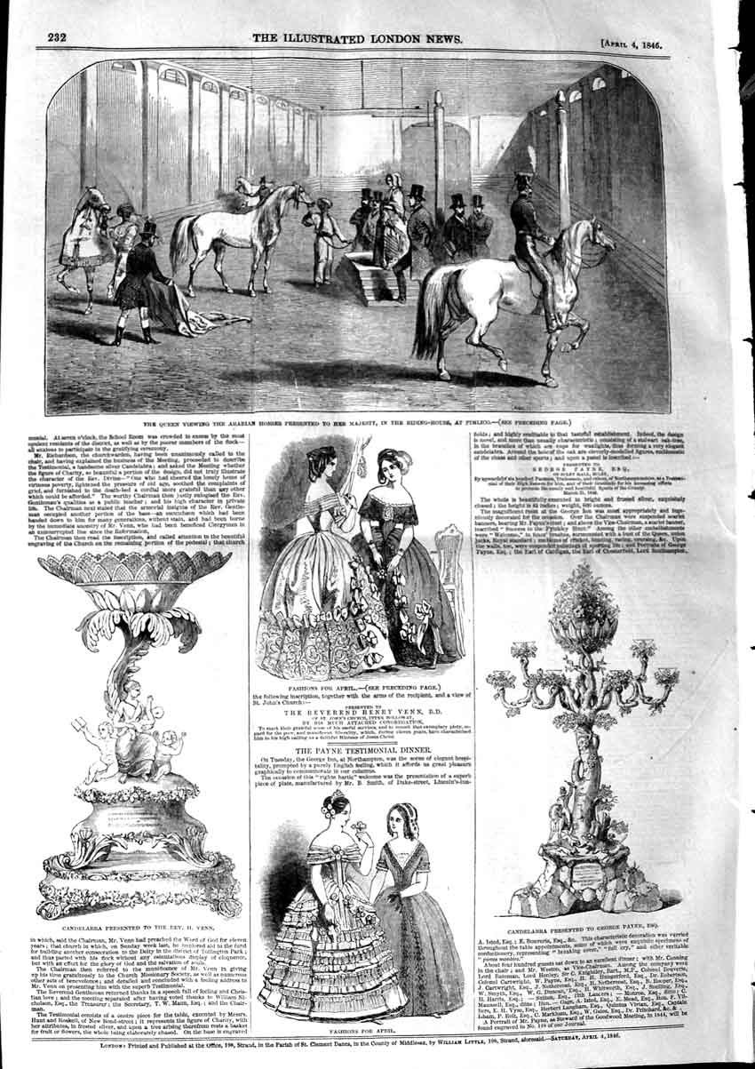 Old Antique Print 1846 Queen Arabian Horses Pimlico Candelabra Venn Payne 19th