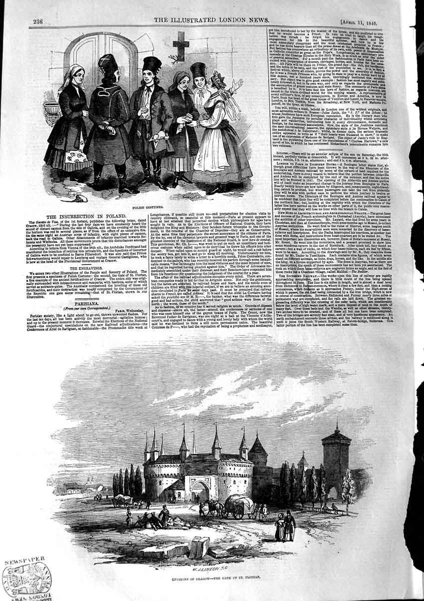 Original Old Antique Print 1846 Polish Costumes Poland Cracow Gate St. Florian