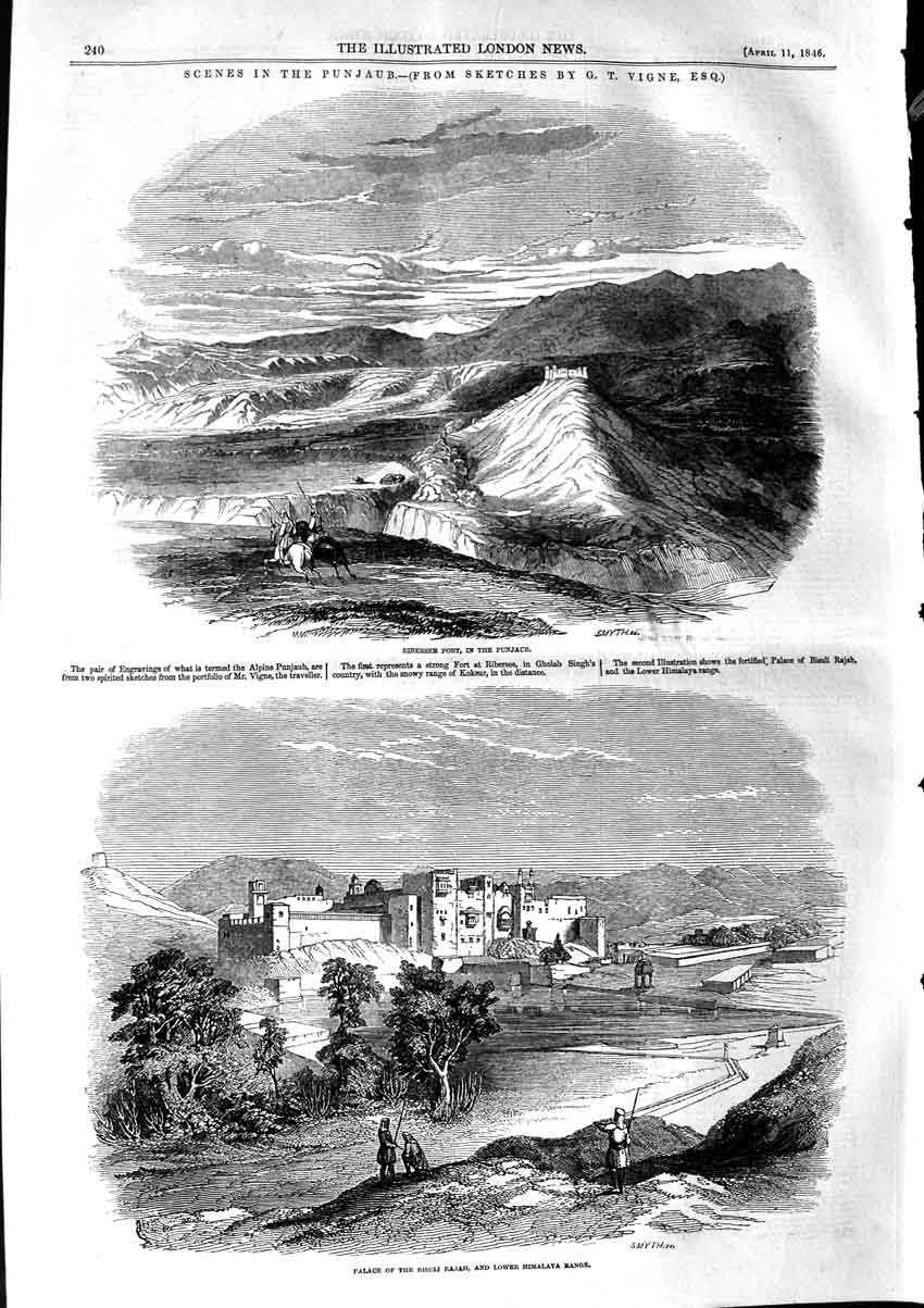 Old Antique Print 1846 Punjaub Ribersee Fort Palace Bisuli Rajah Himalaya 19th