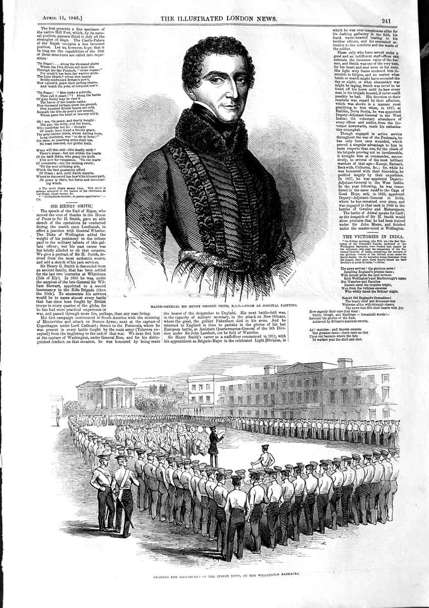 Original Old Antique Print 1846 Major-General Henry Smith Wellington Barracks