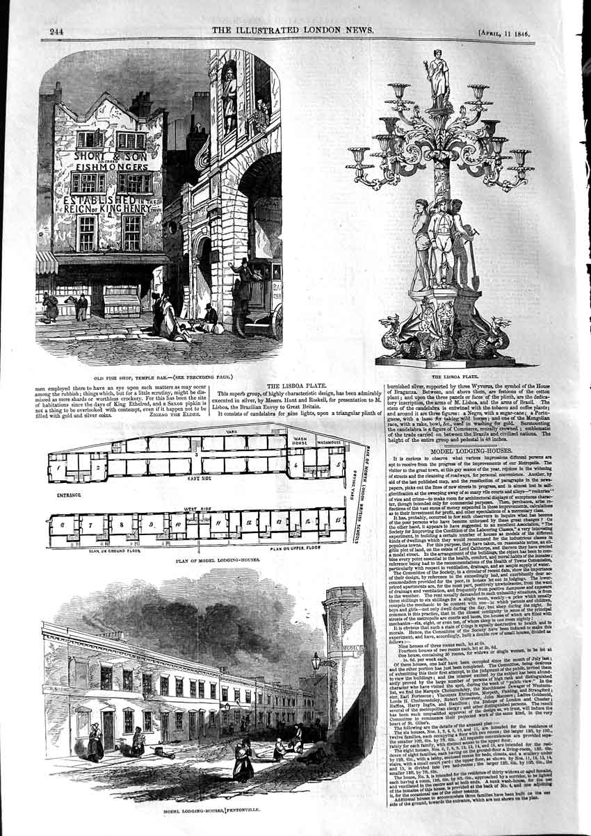 Original Old Antique Print 1846 Fish Shop Temple Bar Model Lodging Pentonville