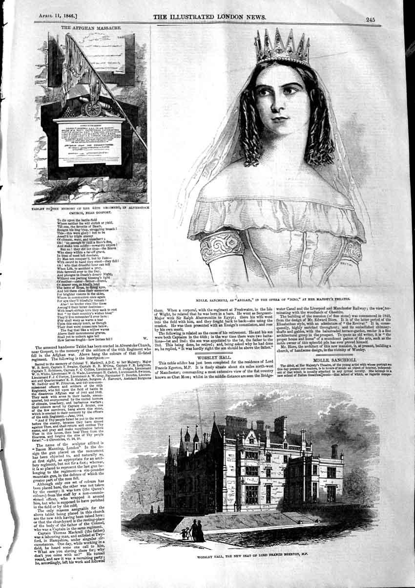 Original Old Antique Print 1846 Sanchioli Opera Theatre Worsley Lord Egerton