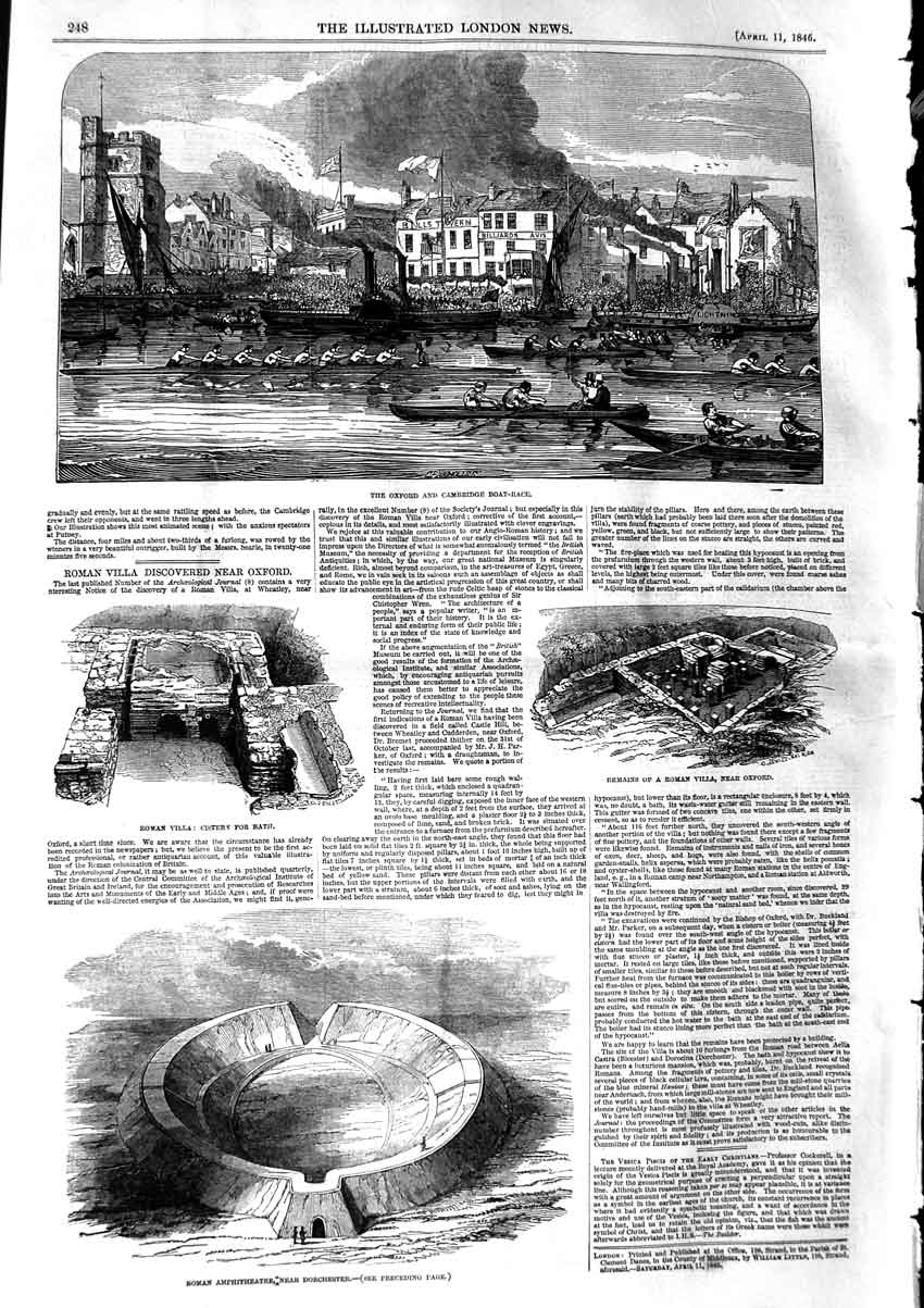 Original Old Antique Print 1846 Oxford Cambridge Boat Race Roman Amphitheatre