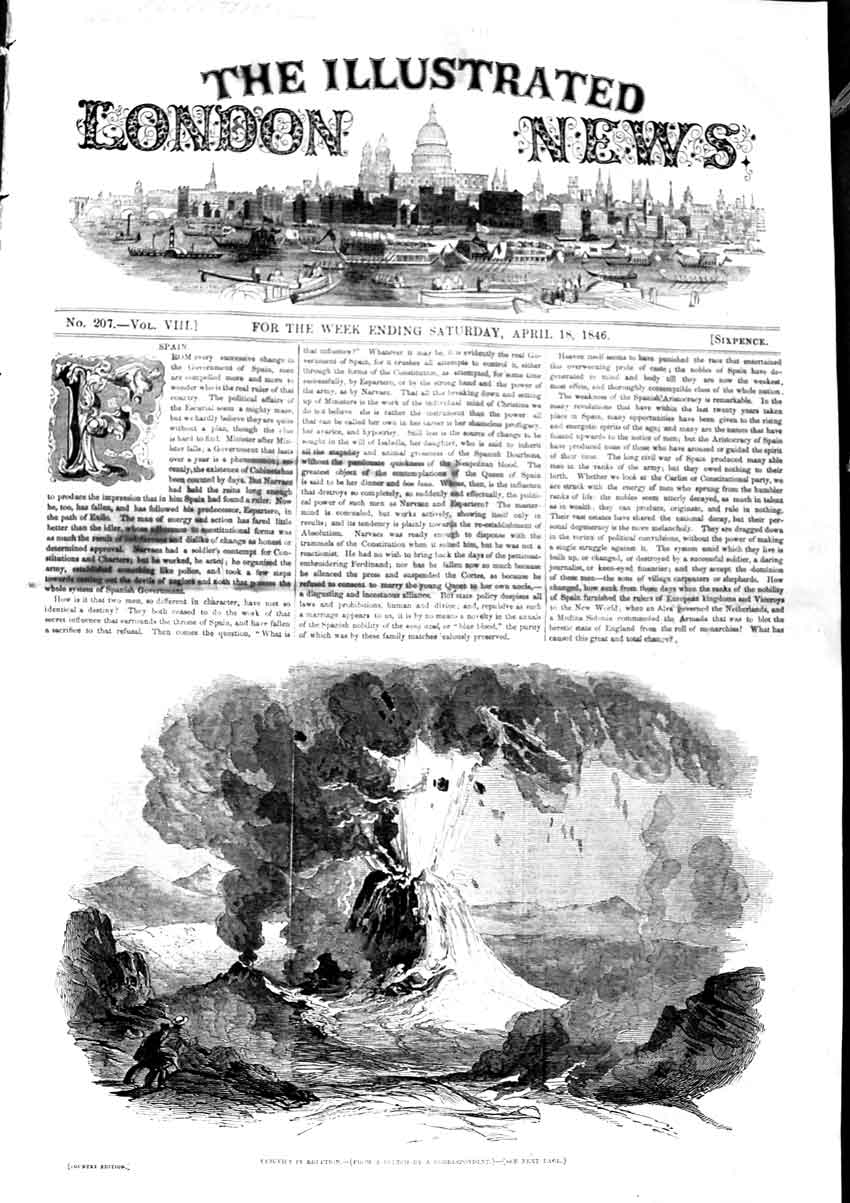 Original Old Antique Print 1846 Mount Vesuvius Eruption Volcano Mountain 19th