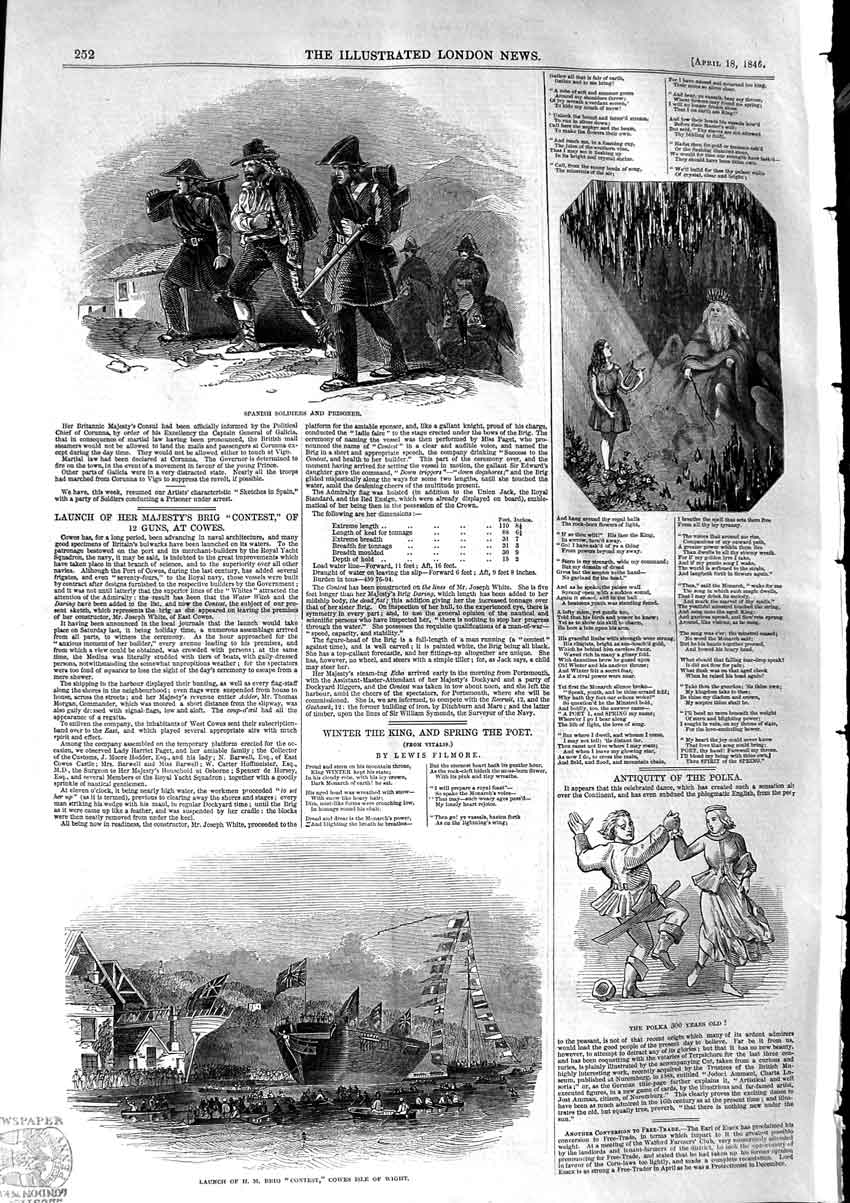 Original Old Antique Print 1846 Spanish Siers Prisoner Contest Ship Isle Wight