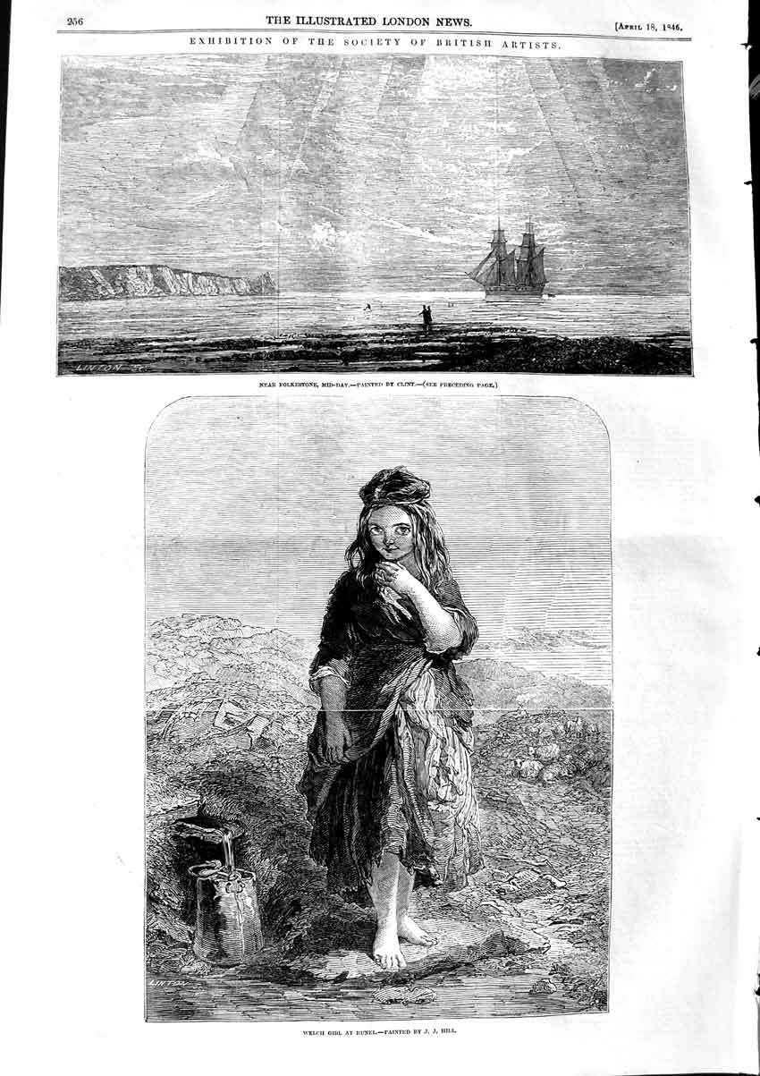 Old Antique Print 1846 Welch Girl Runel Scene Near Folkestone Ship Clint 19th