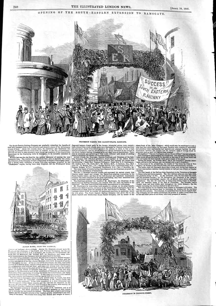 Original Old Antique Print 1846 Market Place Ramsgate Albion Hotel Harbour 19th
