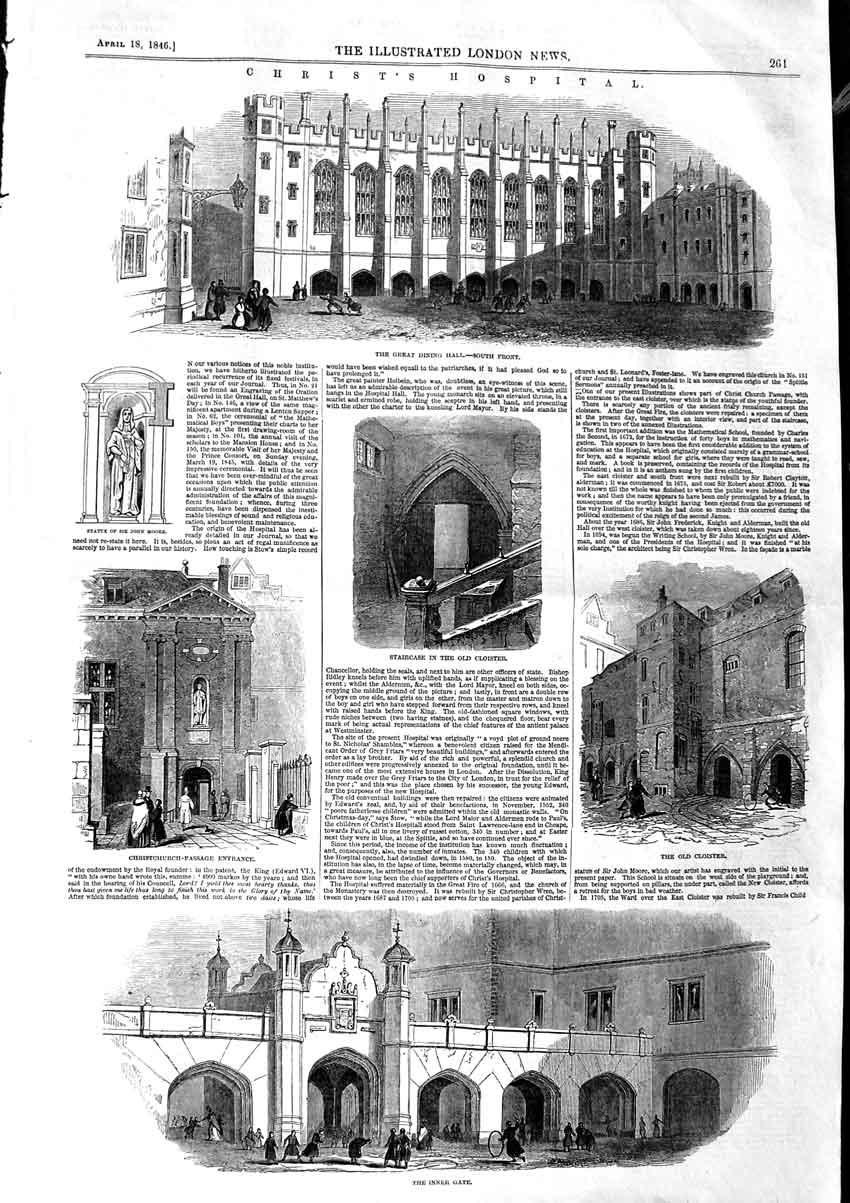 Antique Print *3159 1846 Christ'S Hospital Dining Hall Inner Gate Cloister