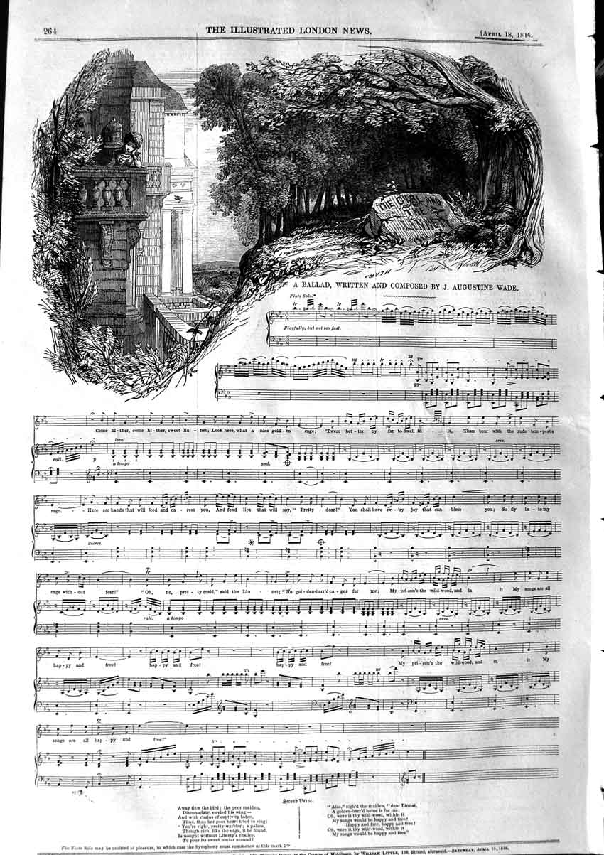 Old Antique Print 1846 Sheet Music Ballad Writen Augustine Wade Composer 19th