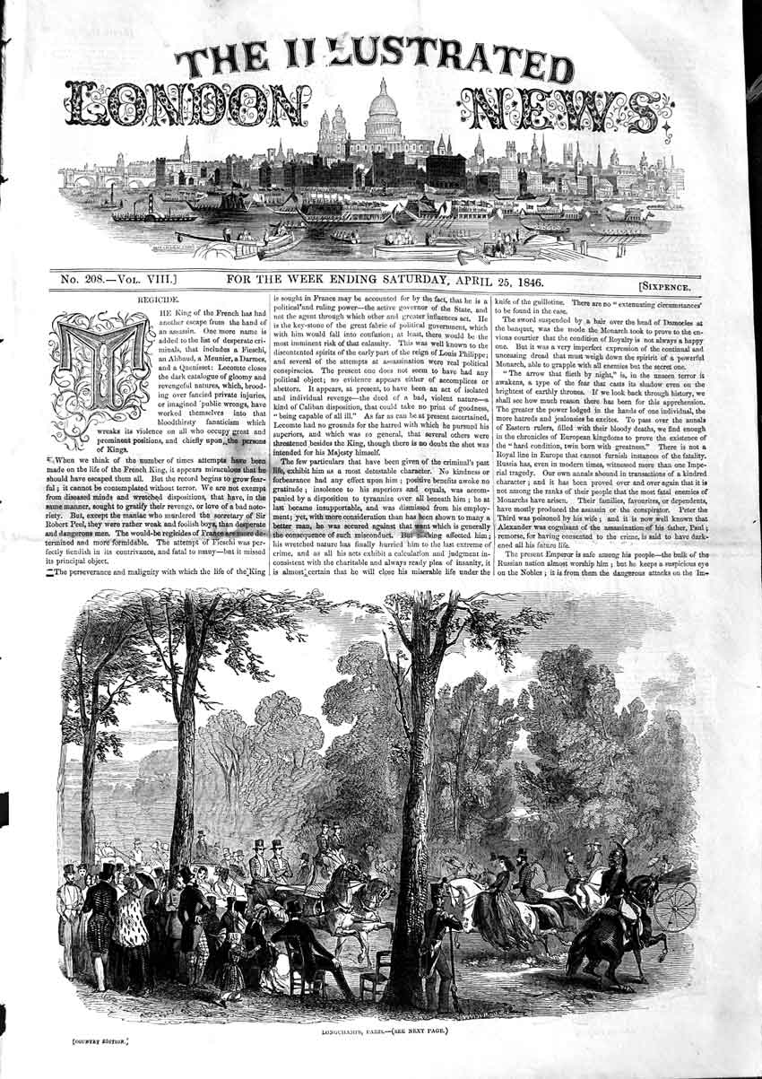 Original Old Antique Print 1846 View Longchamps Paris France Horses Victorian
