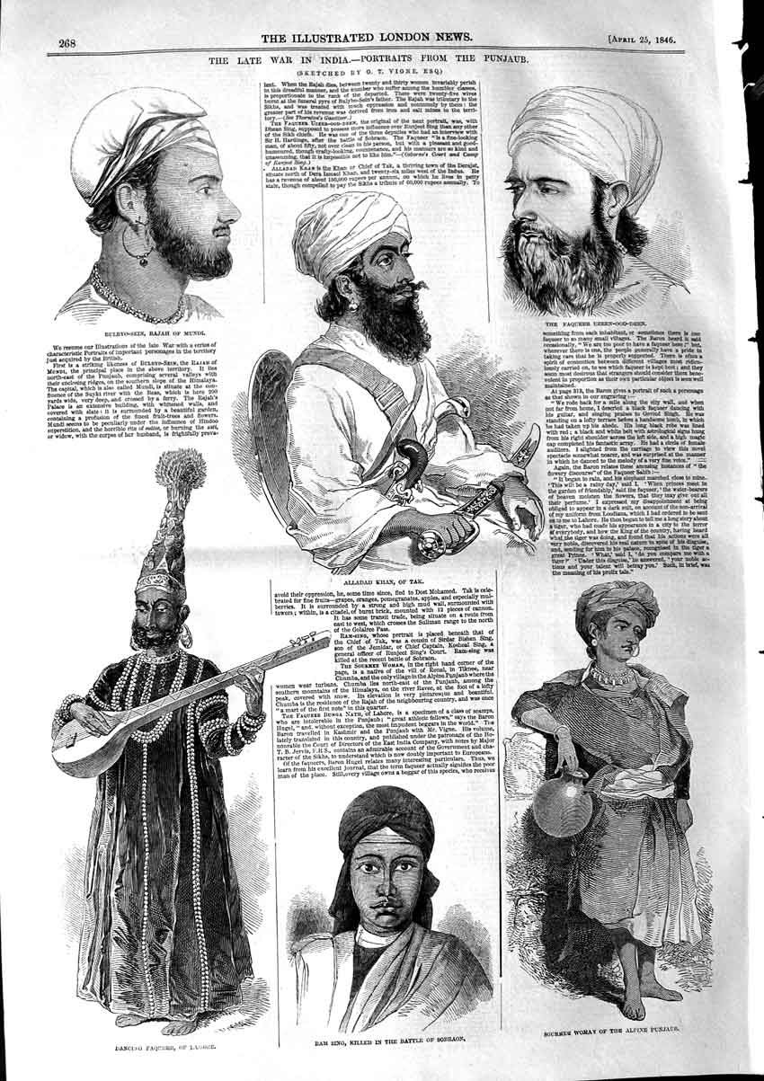 Original Old Antique Print 1846 War India Punjaub Ram Sing Bulbyo-Sein Sourmer