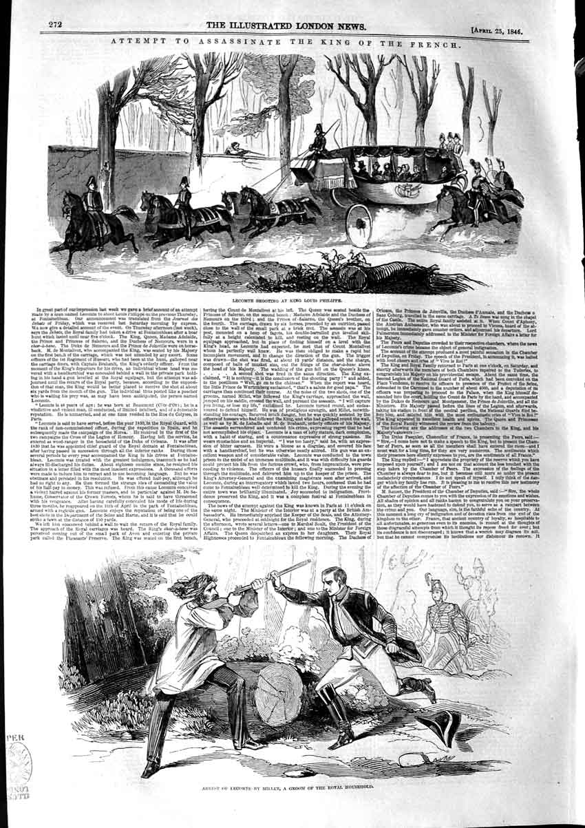 Original Old Antique Print 1846 Lecomte Assassinate King Philippe Fontainbleau