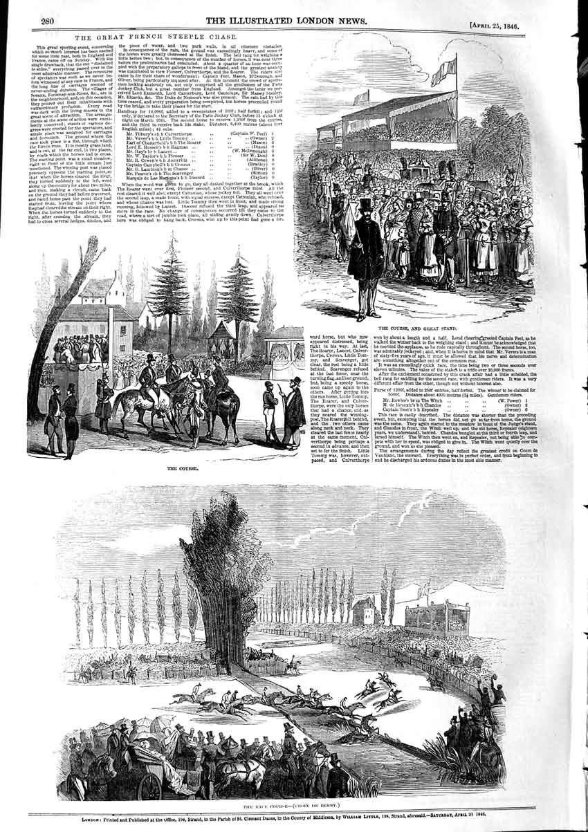 Original Old Antique Print 1846 French Steeple Chase Horse Race Course Sport