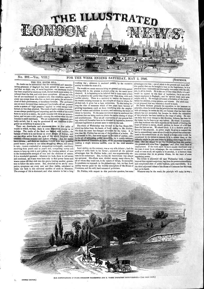 Original Old Antique Print 1846 Paris Viscount Palmerston Theirs Mont-Valerien