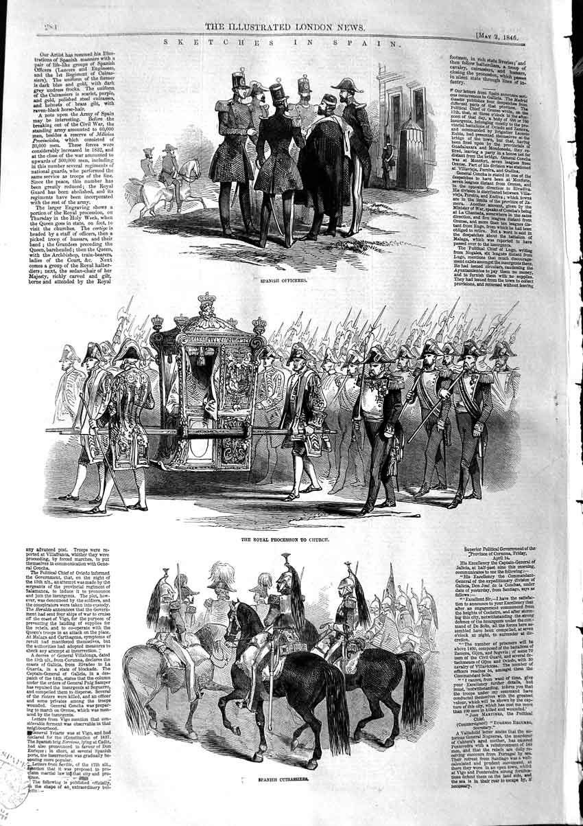 Old Antique Print 1846 Spain Spanish Officers Procession Cuirassiers War 19th