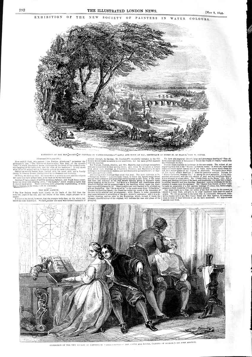 Old Antique Print 1846 View Castle Town Pau Count Rosina Barber Seville 19th