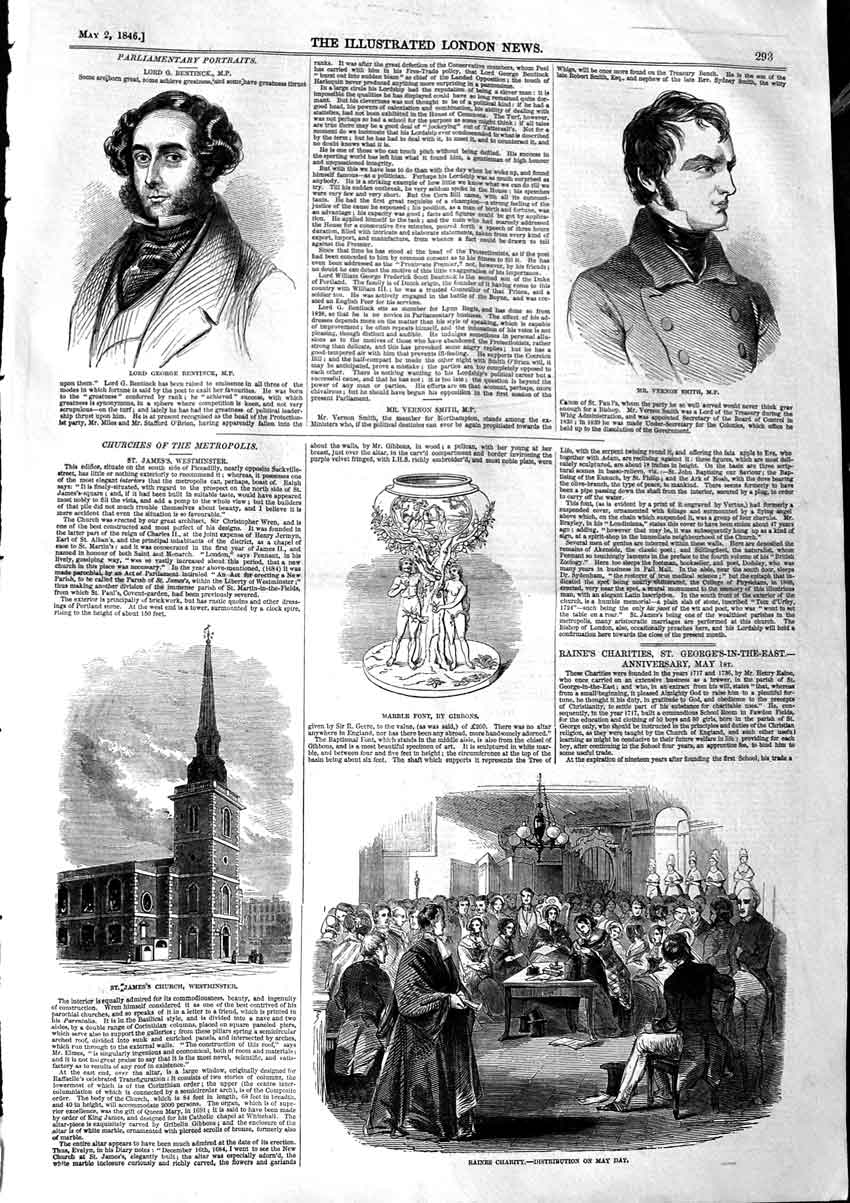 Original Old Antique Print 1846 James Church Westminster Raines Smith Bentinck