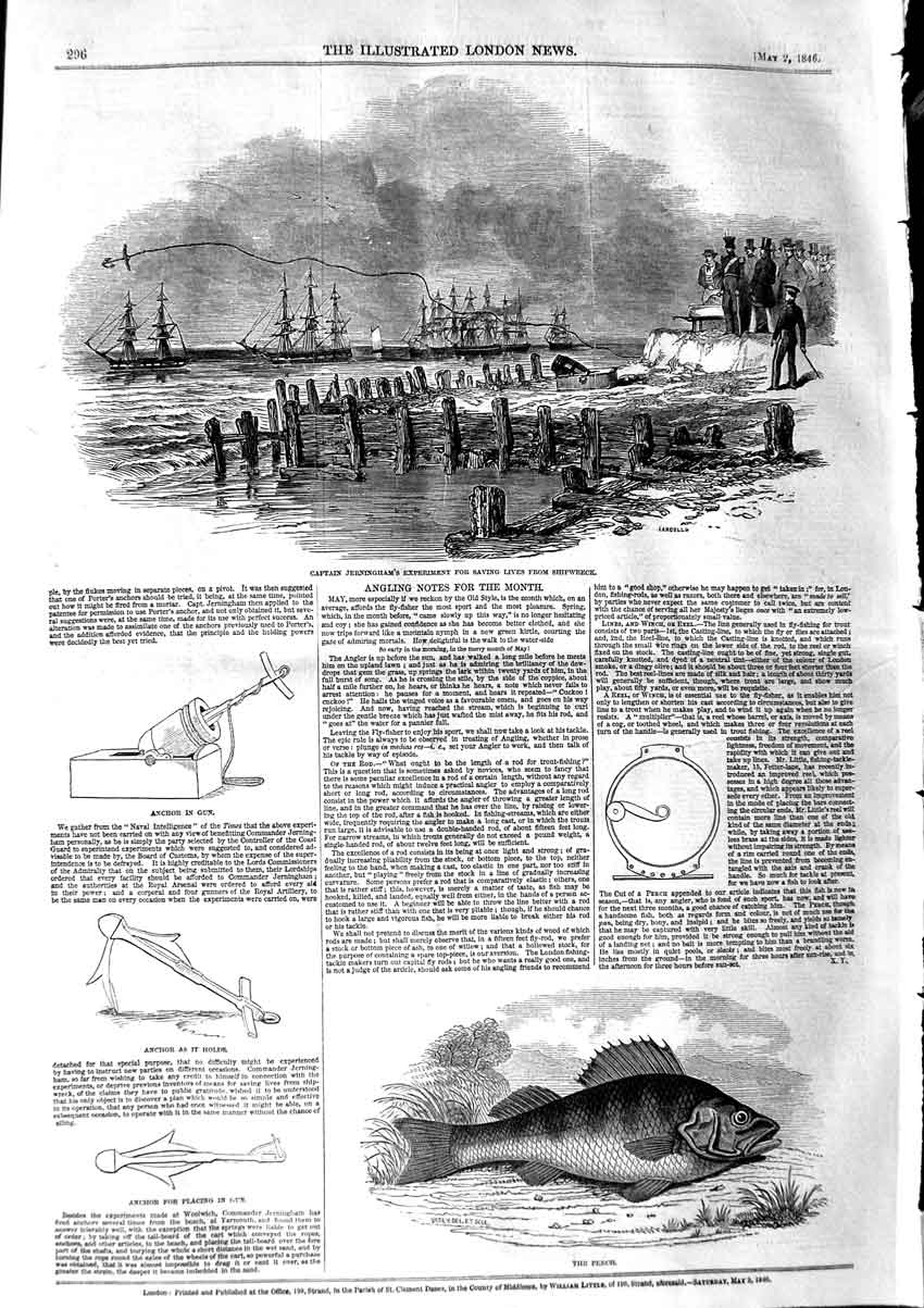 Old Antique Print 1846 Captain Jerningham Life-Saving Perch Fish Anchor 19th