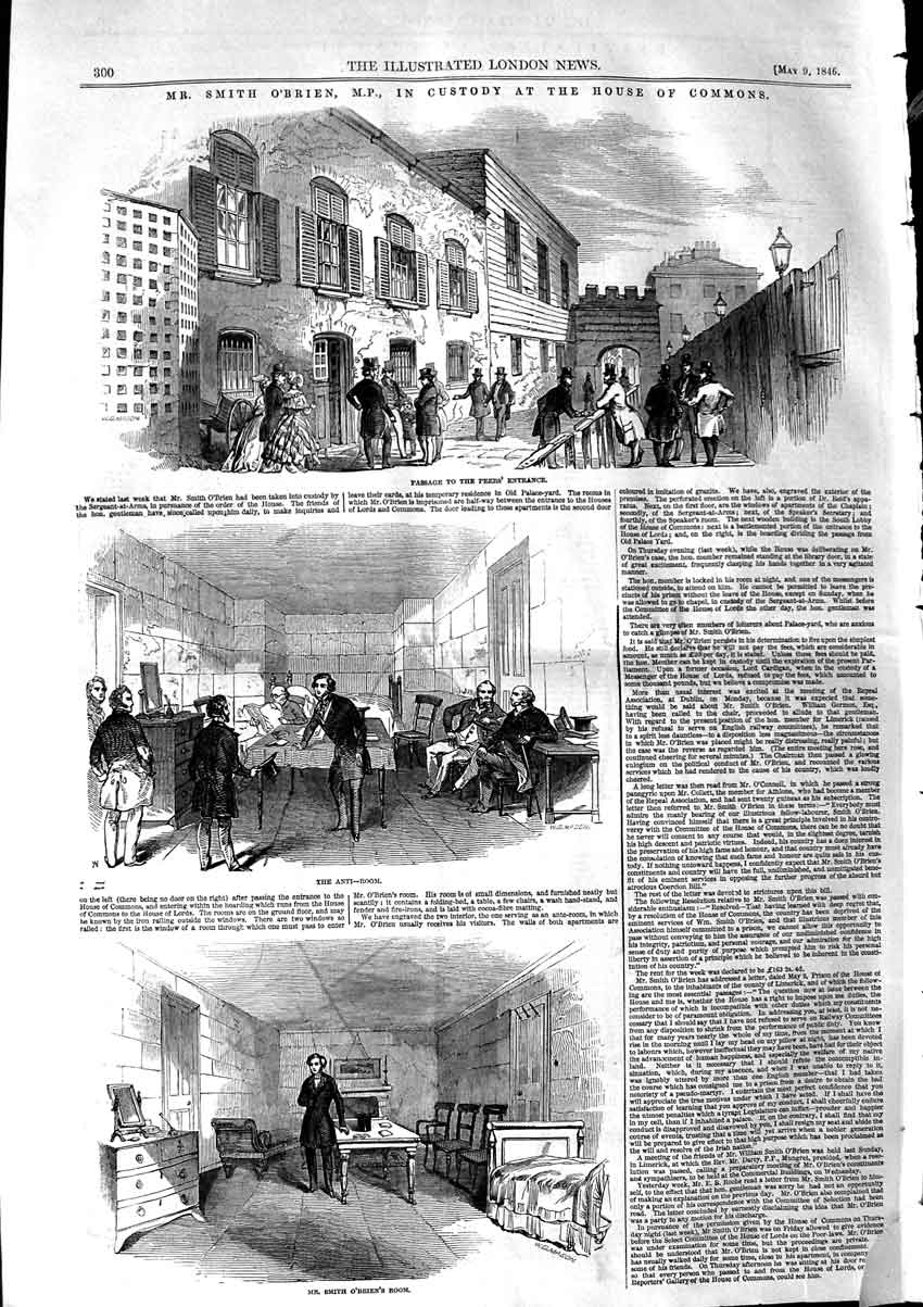 Original Old Antique Print 1846 Mr. Smith O'Brien House Commons Peers Entrance