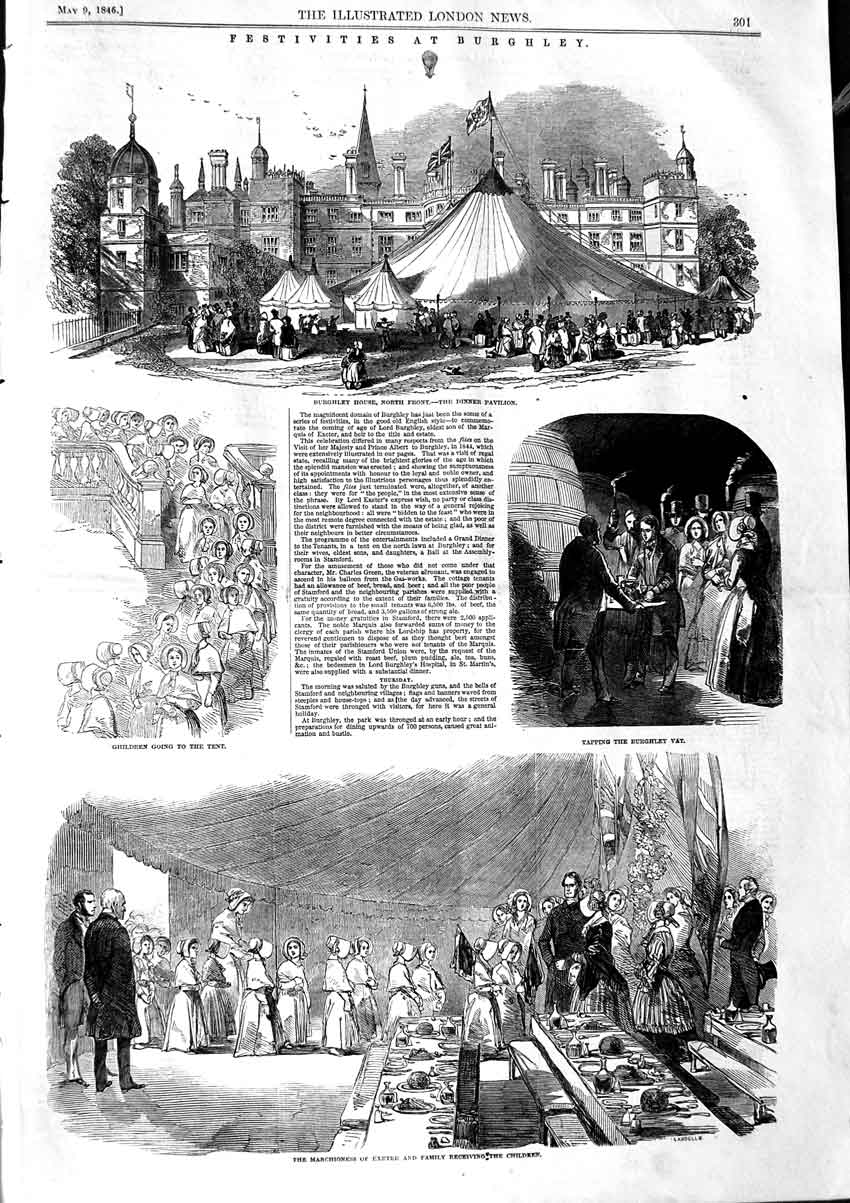 Old Antique Print 1846 Burghley House Dinner Pavilion Marchioness Exeter 19th