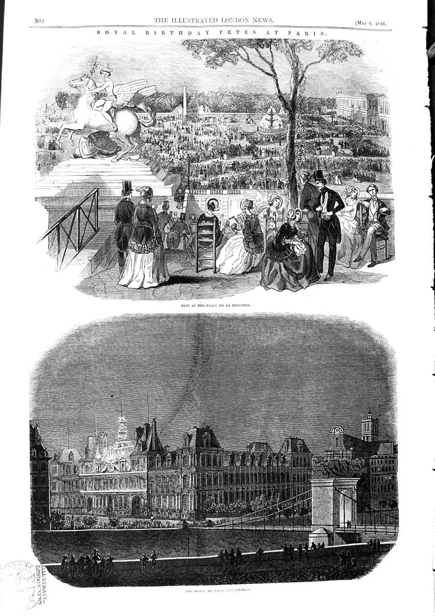 Old Antique Print 1846 Hotel De Ville Fete Place Concorde King Philippe 19th