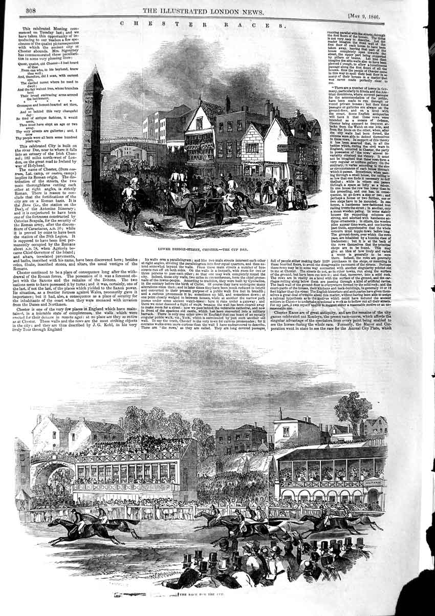 Old Antique Print 1846 Chester Horse Races Lower Bridge-Street Brotherton 19th